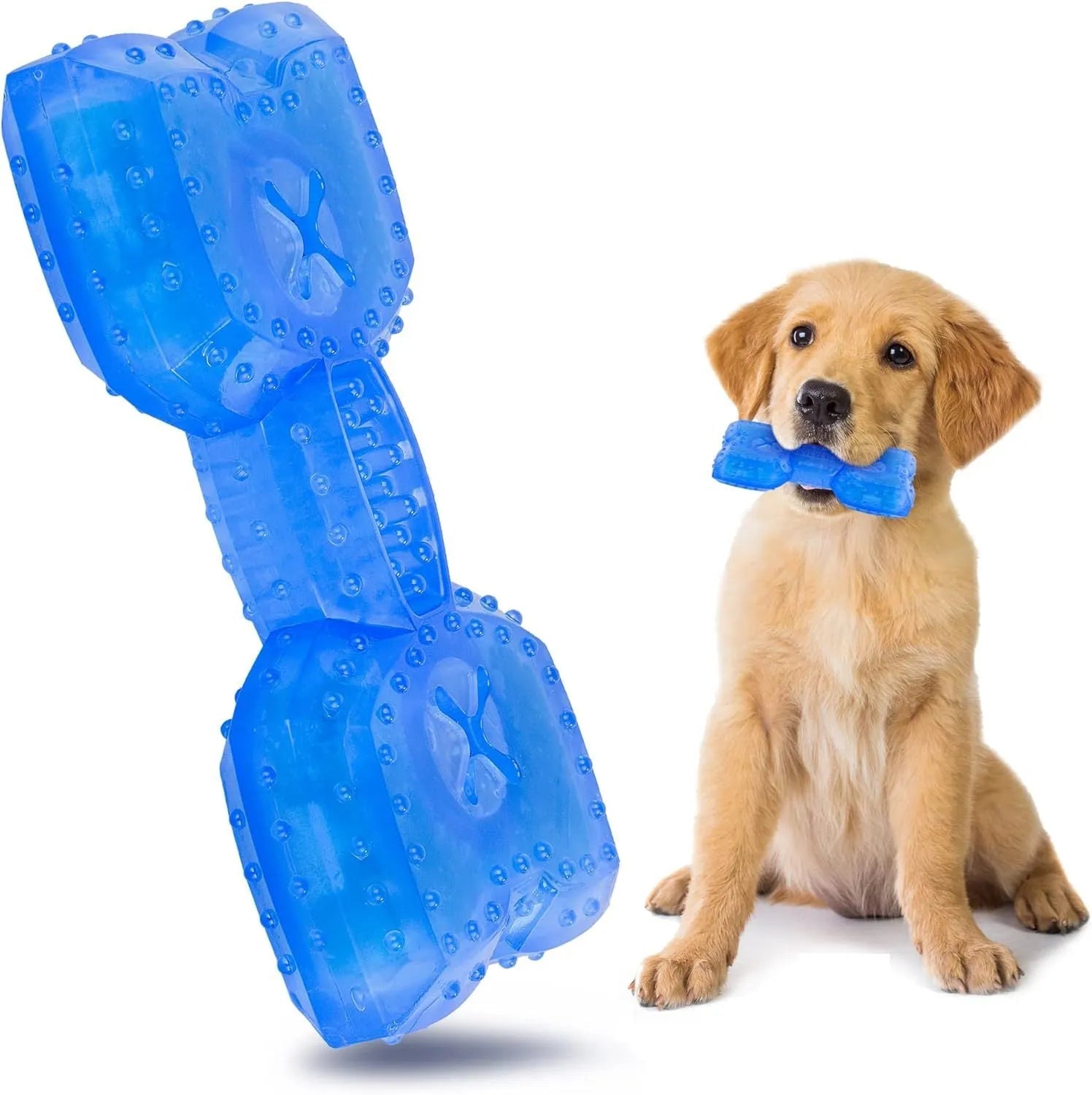 Freezable blue dog chew toy with textured surface and a cavity for treats.