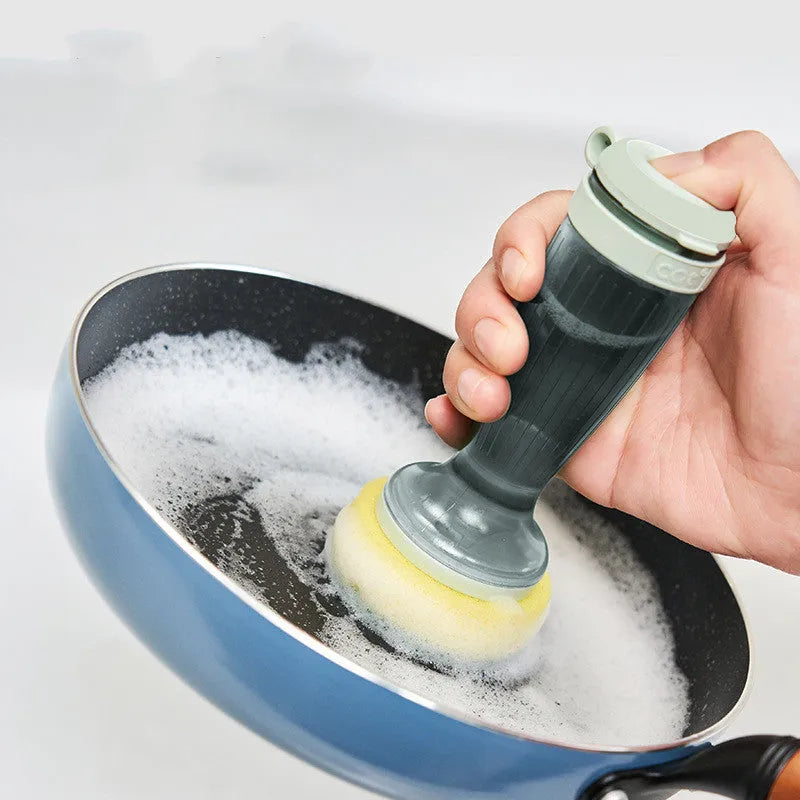 Milk white and mint green kitchen dish brush with soap dispenser and replaceable non-scratch head.