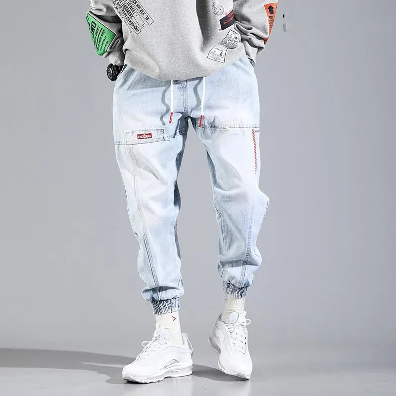 Men's loose straight denim jeans with mid-rise waist and velvet lining in light blue colour