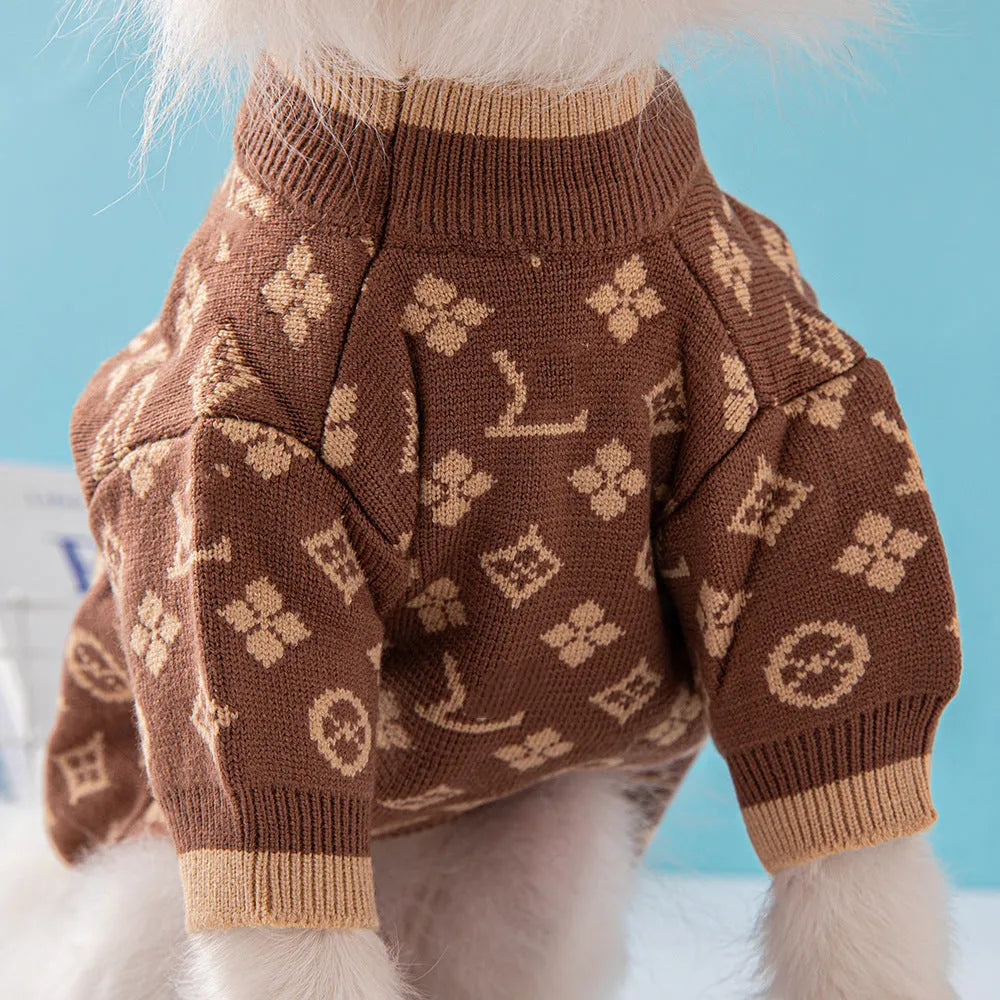 A dog wearing a thick, long-sleeve woollen sweater in a neutral colour.
