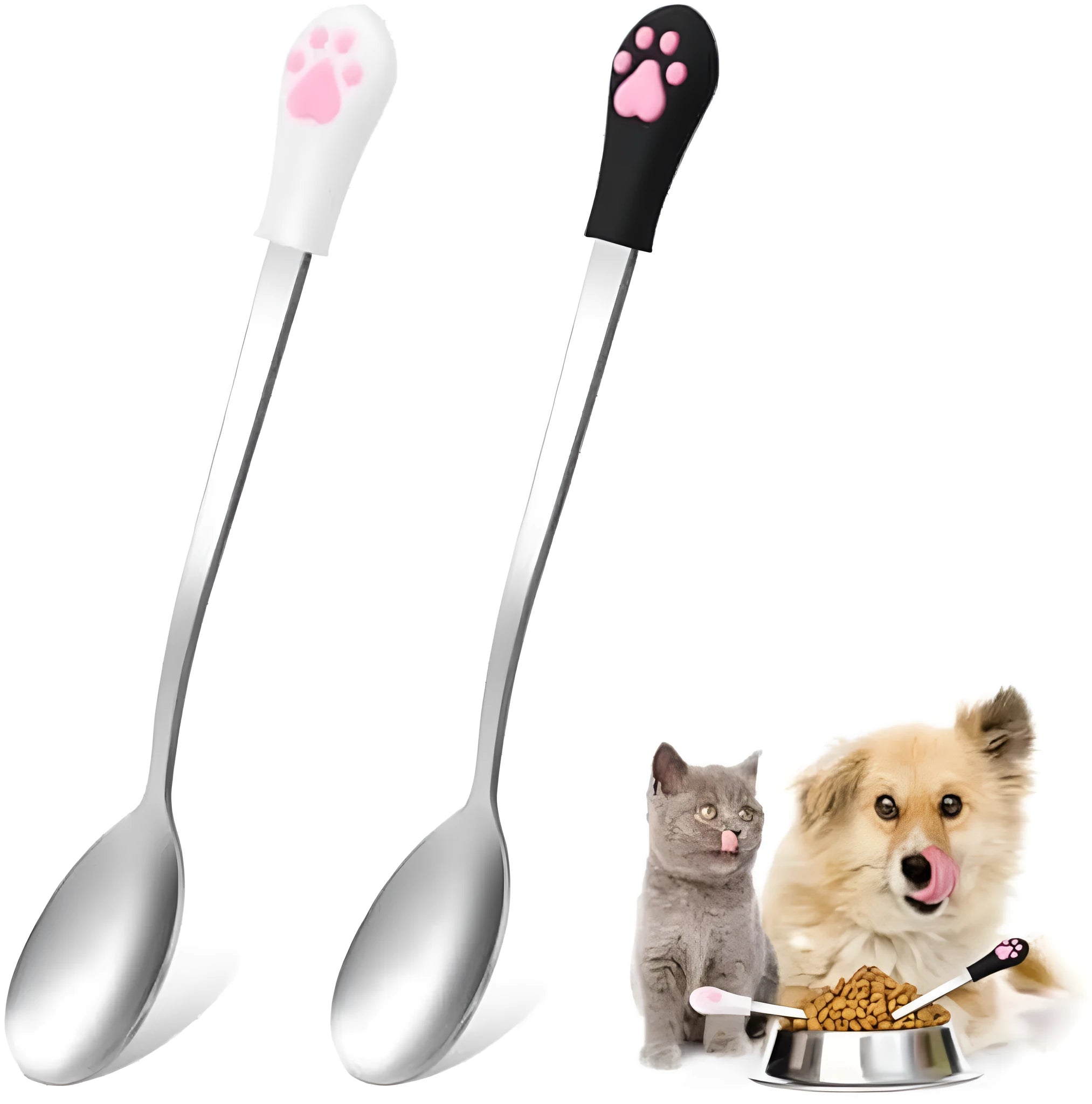 White and black stainless steel pet food spoons with cat paw print design and silicone handles.