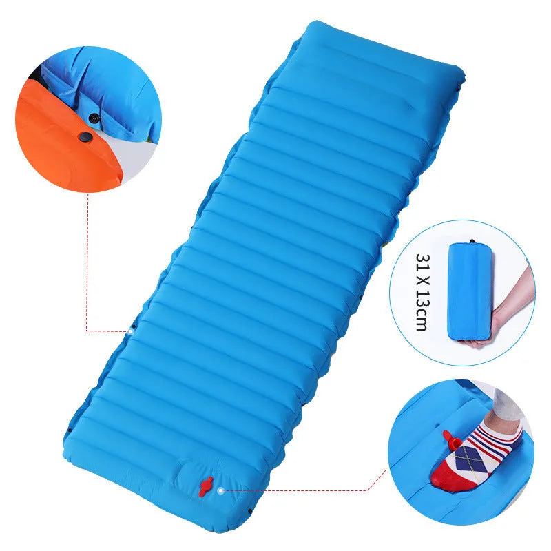 Camping foot type automatic portable inflatable bed 190x70x10cm blue with green colour on grass
