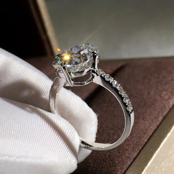 Women's moissanite princess cut ring with four-prong setting, white gold colour copper band, sizes 6 to 10