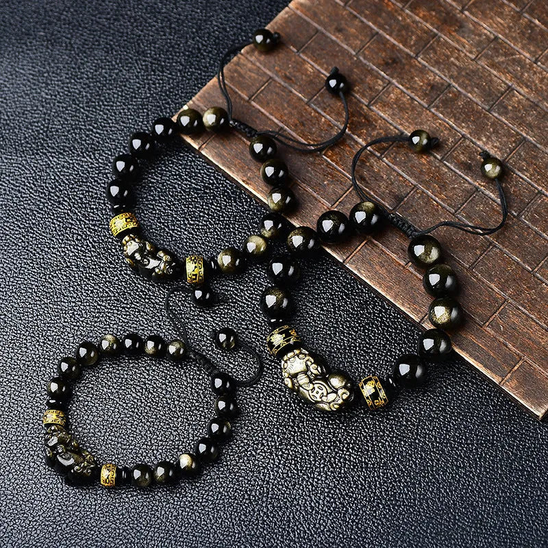Golden obsidian Pi Xiu bracelet with hand-woven beads in Chinese animal zodiac style