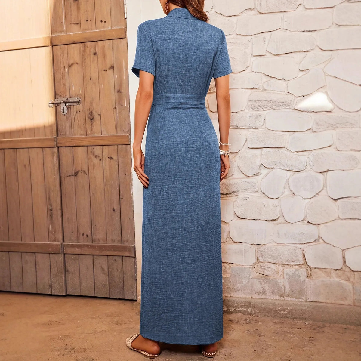 Women's lapel dress cardigan with button belt, high waist, long skirt, short sleeves, blue and apricot, S-XXL