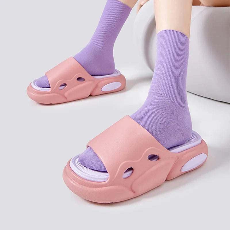 Women's two-colour slippers with thick EVA soles and leather lining in pink purple, white green, and black white.