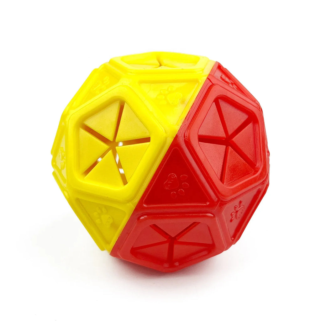 Blue and red hollow dog puzzle ball with treat-dispensing centre for interactive bite-resistant play.