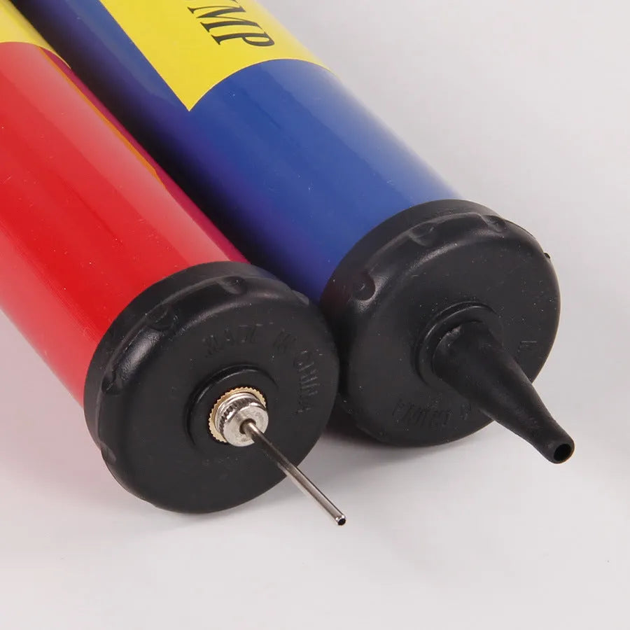 A plastic manual hand pump for inflating sports balls and balloons, shown in a mixed colour.