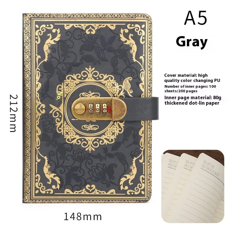 A5 password diary with lock and thickened imitation leather cover in blue, purple, grey, brown, green, or wine red