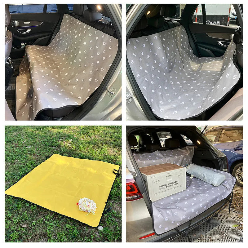 Grey car pet mat with dog bone print covering a vehicle's rear seat.
