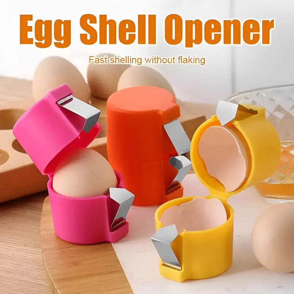 Egg shell opener and beater kitchen tool in pink, yellow, or orange colour on a kitchen counter.