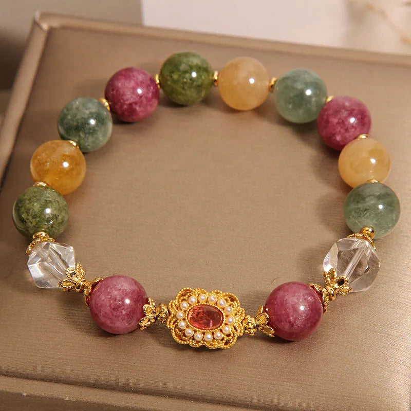Jade colour tourmaline bracelet for women with round beads and rhinestone accents on alloy base