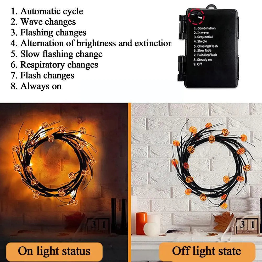 Halloween LED willow vine string light with 18 bat and 18 pumpkin rattan lights on a 2-metre vine with 100 LEDs