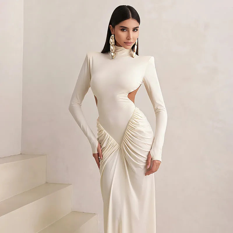 Long sleeve high collar backless pleated slim fit dress in light apricot colour