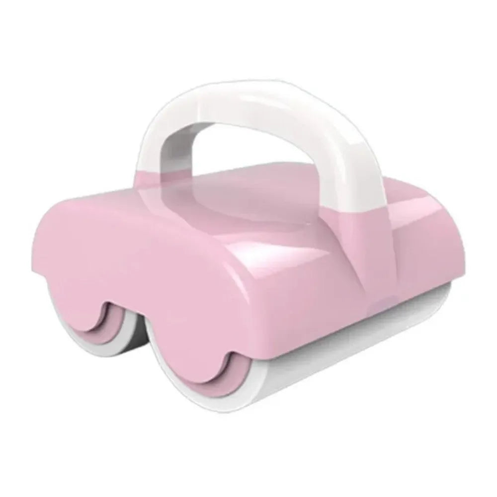 Green pet hair removal roller with handle and double rollers on a white background