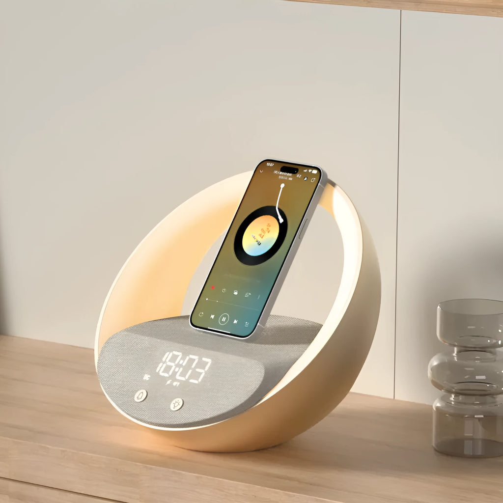 Beige or grey multifunctional Bluetooth speaker clock with wireless charging pad and digital display