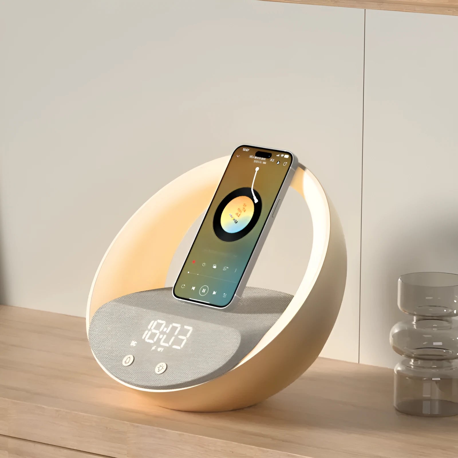 Beige or grey multifunctional Bluetooth speaker clock with wireless charging pad and digital display