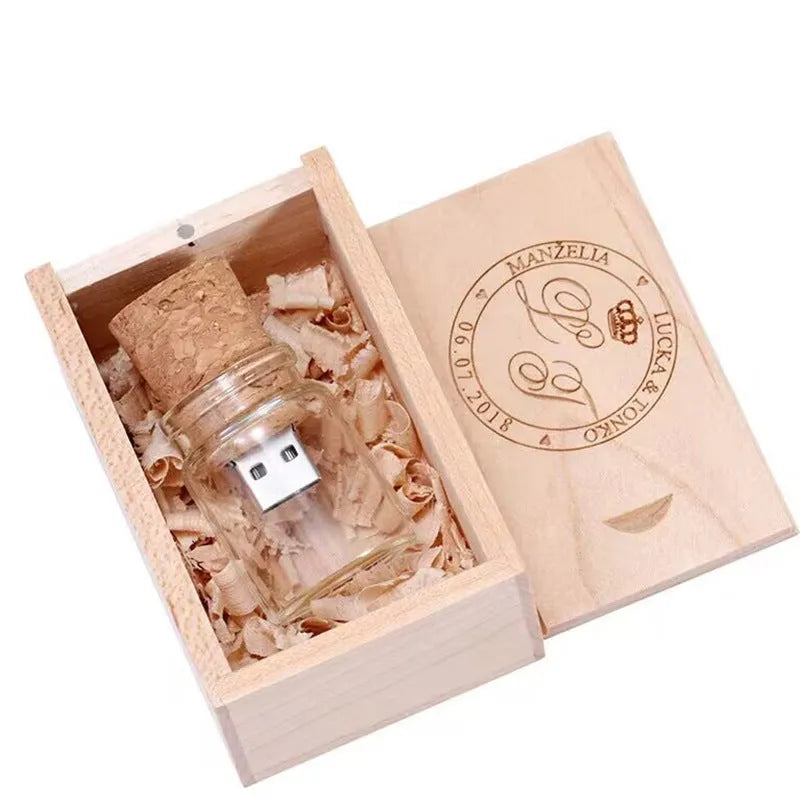 Wooden wish drift bottle USB disk with transparent finish showing internal components, 60x28mm size