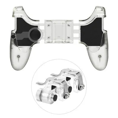 Black wired mobile phone gaming controller with ergonomic handle and physical buttons plugged into a smartphone.