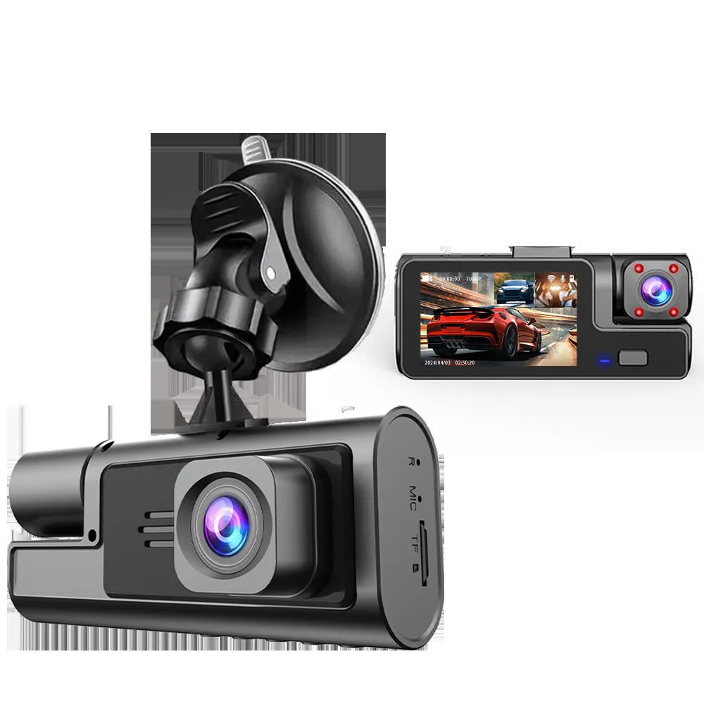 Black WiFi dash cam with 2-inch screen mounted on car windscreen, showing live rear camera view for parking.
