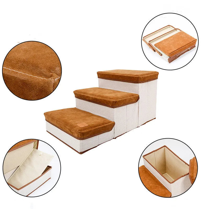Foldable pet dog stairs in brown flannel and cotton with a cloth storage box on a wooden floor