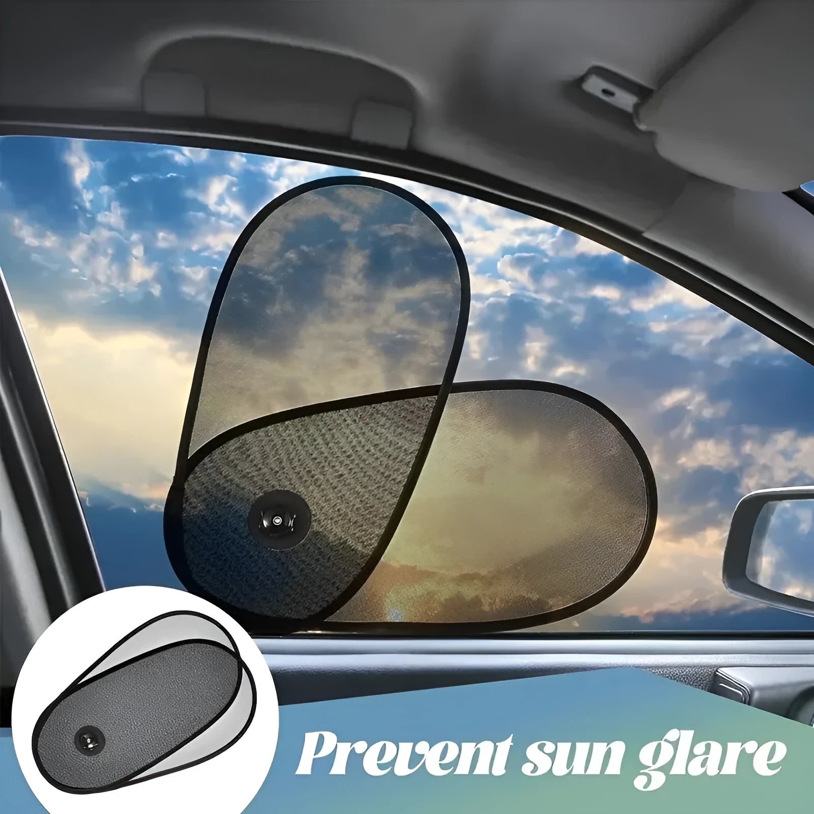 Black stretchy car side window sunshade fitted on a car door, showing suction cups and mesh fabric.