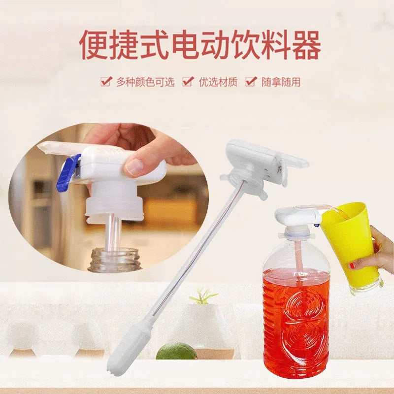 Electric pumping water device with blue press handle and long silicone straw for dispensing drinks.