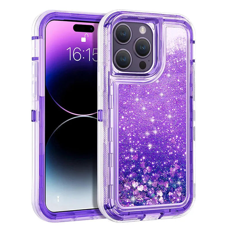 Liquid quicksand three-in-one phone case for iPhone 14 in pink with TPU PC airbag back cover
