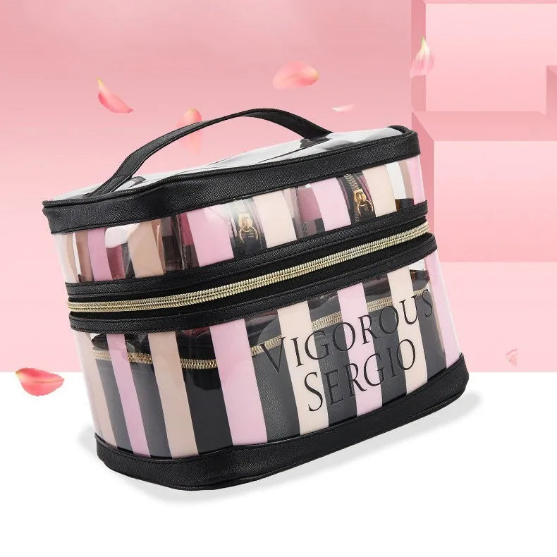 Pink bold stripe floral pattern waterproof synthetic leather folding makeup buggy bag with European American retro styling