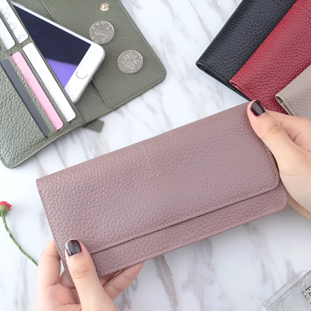 Genuine leather long coin purse with multiple card slots and zipper, wine red colour