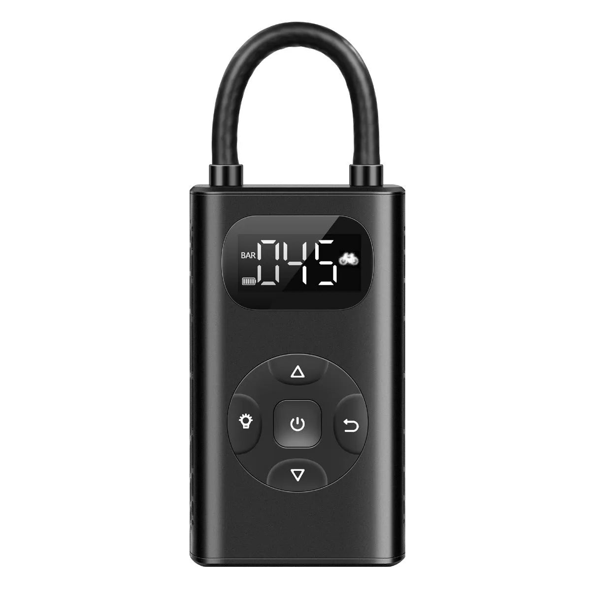 Black portable power bank tyre inflator with USB cable on a grey background.