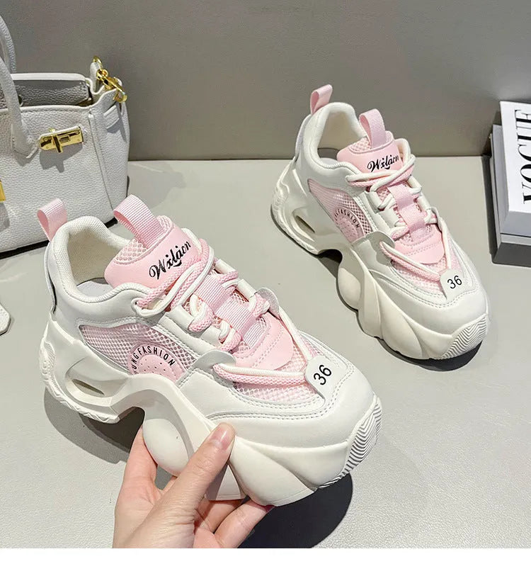 Women's beige thick-soled sneakers with cross shoulder straps on a synthetic PU upper