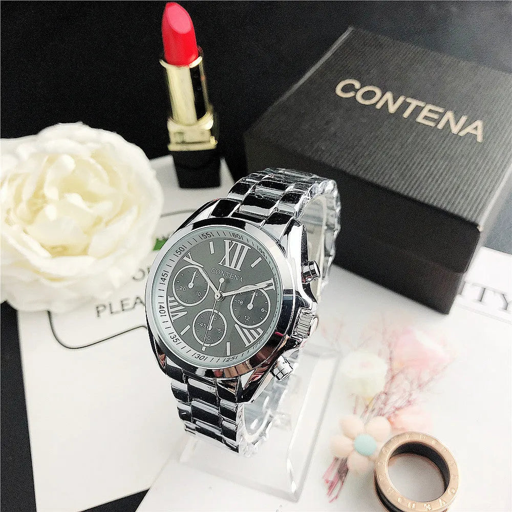 Women's silver rose gold watch with diamond details and mesh strap