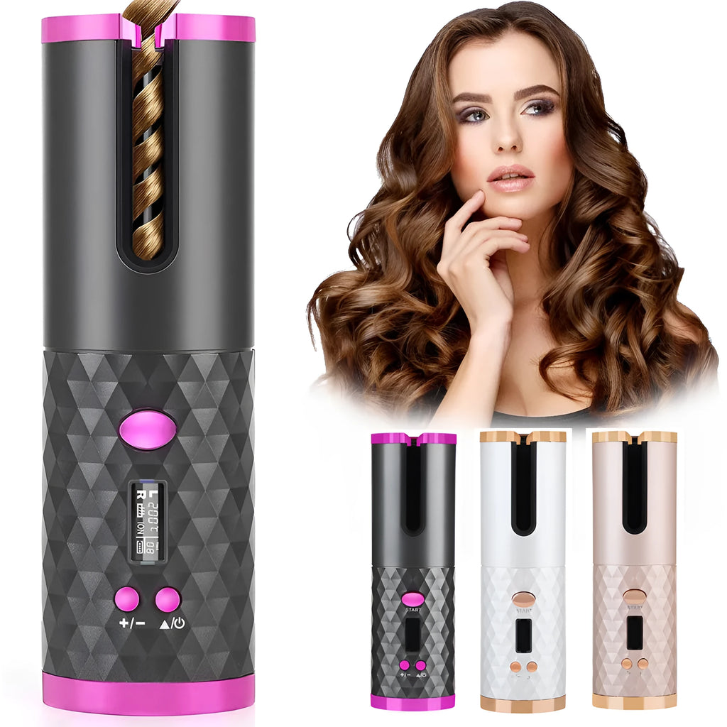 Rechargeable automatic hair curler with LCD display in black, pink, pink-grey, or white.