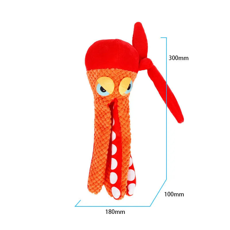 Orange squeaky octopus plush dog toy with creased paper, 180x100x300mm, 153g, for chewing and teeth grinding