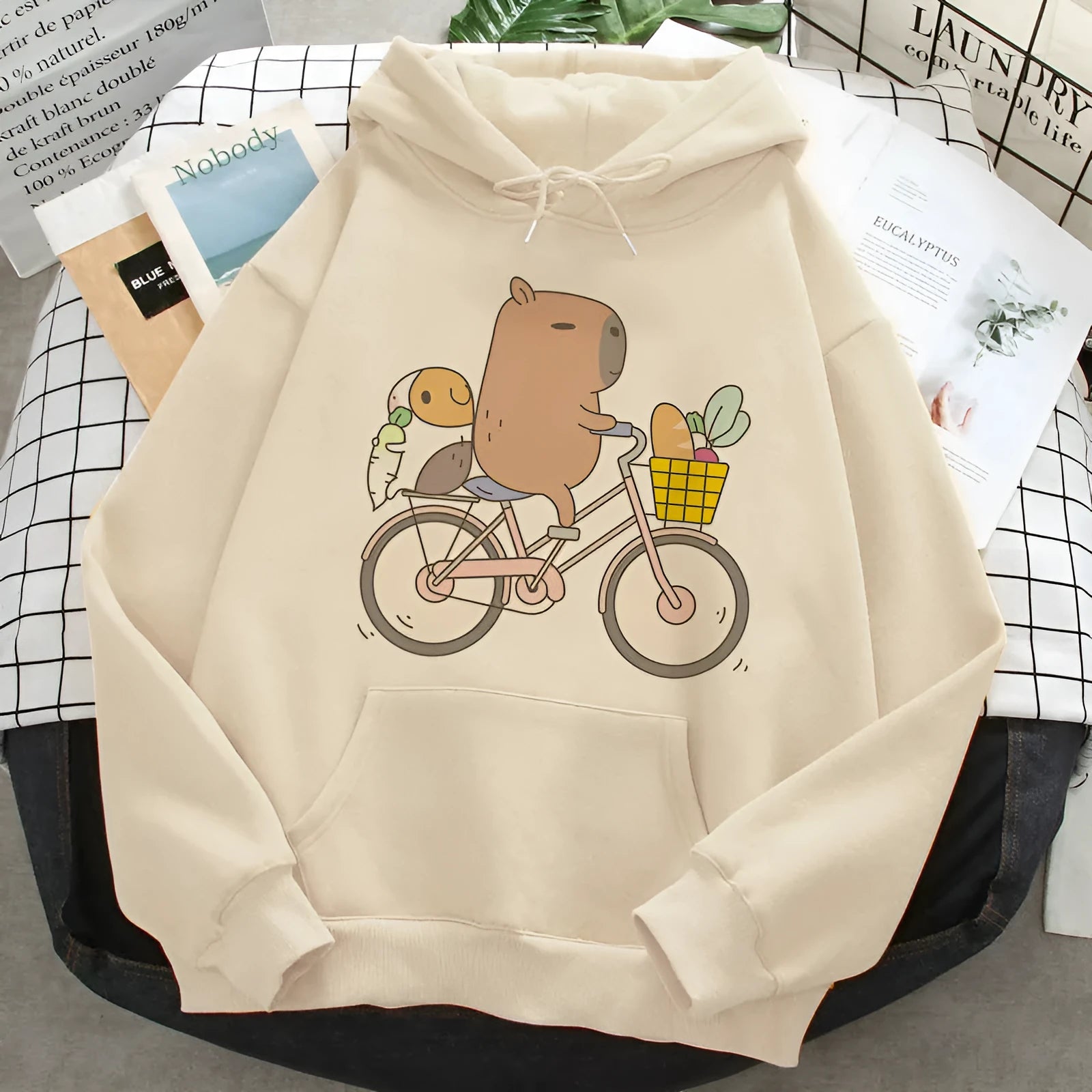 Grey capybara printed hoodie for women, loose fit pullover with hood and side pockets, polyester fibre fabric
