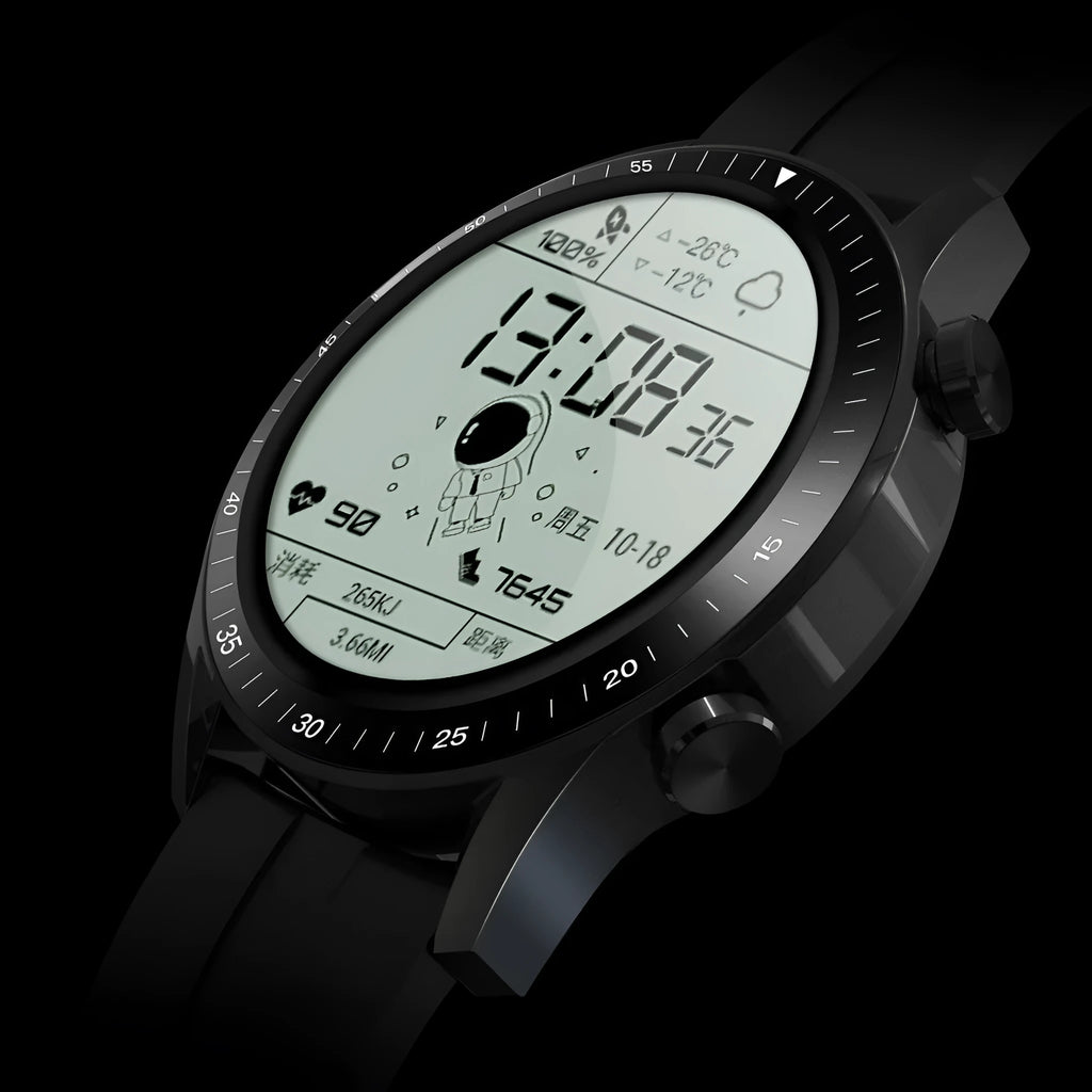 Round aluminium smart watch with Bluetooth calling on a wrist, showing a black watch face.