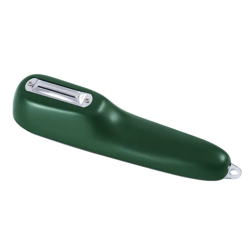 Dark green kitchen peeler with storage tube showing stainless steel blade and hanging hole
