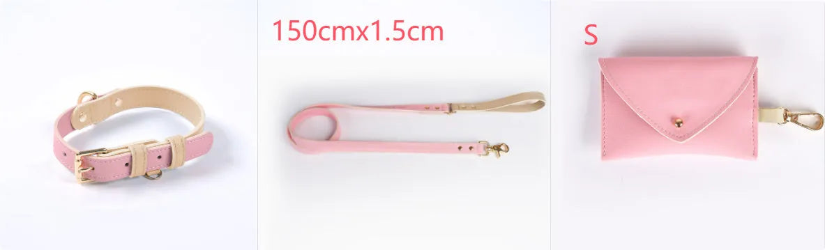 Leather dog leash and collar set with metal hardware in blue, green, pink, and purple options