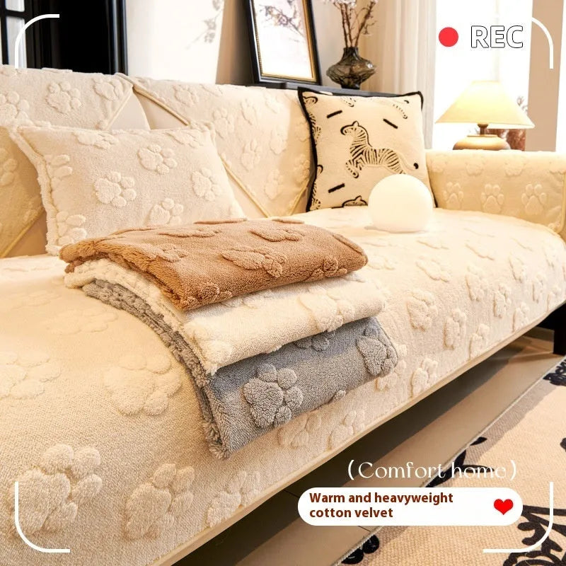 Thickened fleece non-slip sofa cushion in solid beige plush, square and rectangular sizes for sofa or dust cover use