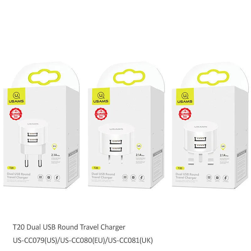 White portable universal dual USB phone charger with US, EU, and UK plug heads