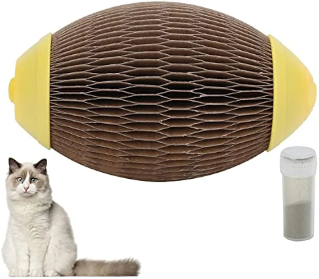 Ellipse-shaped catnip ball toy made of recycled corrugated paper for scratching and play.