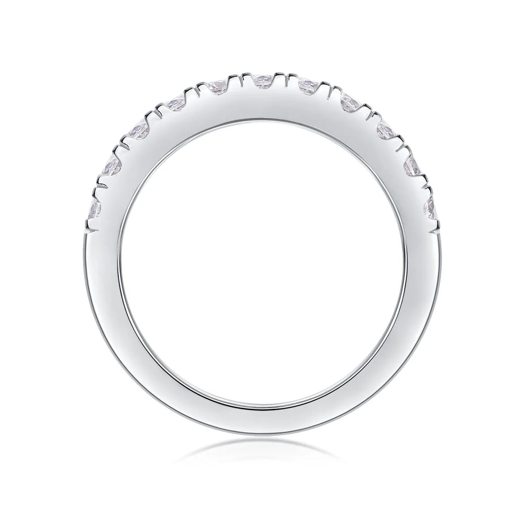 Parallel World moissanite wedding ring set in gold, S925 silver with platinum plating, on white background