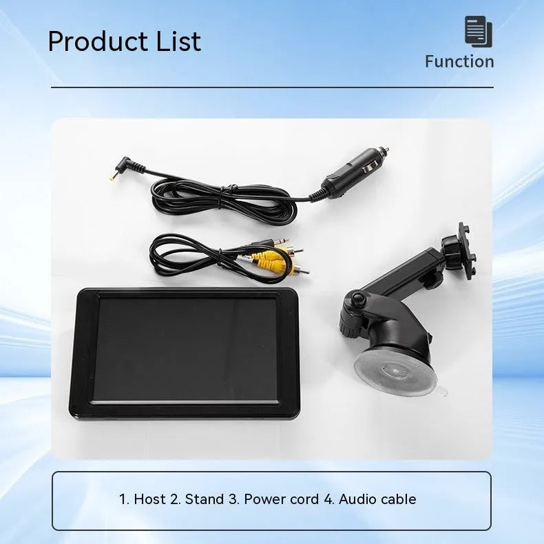 Black portable vehicle-mounted MP5 player with 7-inch LCD screen on a car dashboard bracket.