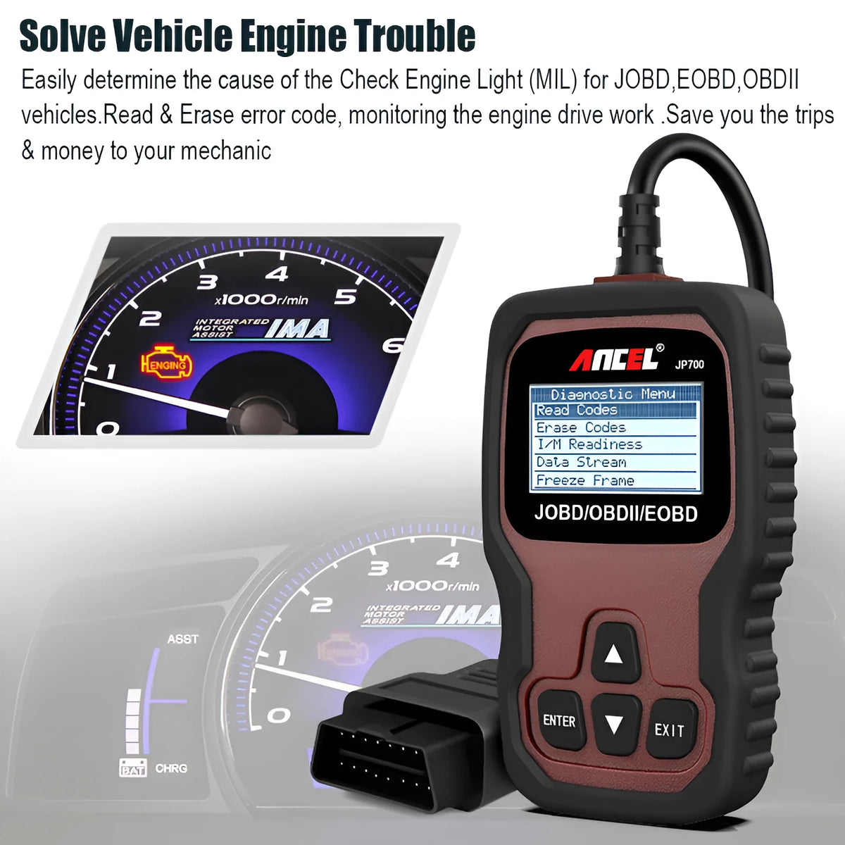 JP700 12V car engine code reader scanner with USB cable and manual, brown automobile fault detector