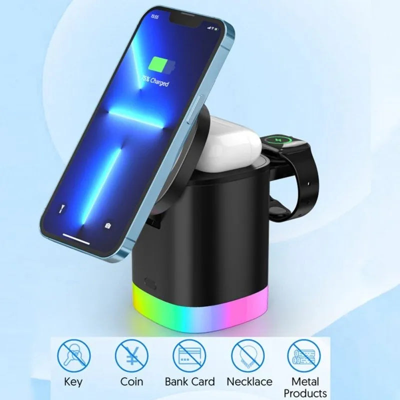 Black foldable 3-in-1 magnetic wireless charging station with RGB lighting charging iPhone, Apple Watch, and AirPods