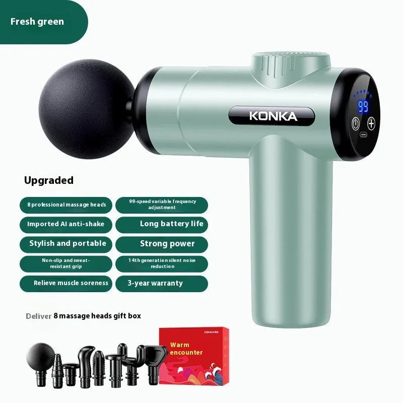 Konka V19 grey mini massage gun with set of 8 different coloured silicone and foam massage heads on a table.