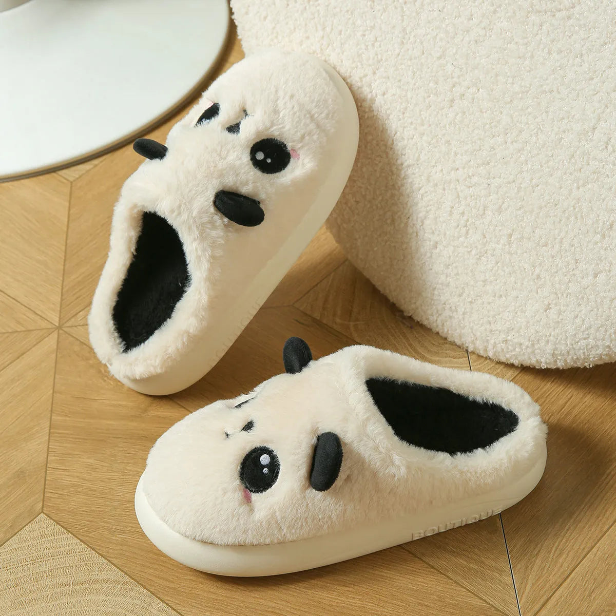 Panda-themed cotton linen toe ring slippers with non-slip PVC sole in unisex adult sizes.