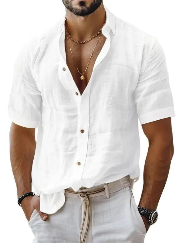Men's short sleeve lapel shirt in a solid colour, showing cardigan style and polyester fabric.