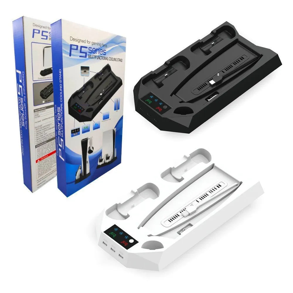 PS5 vertical charging dock stand with cooling fan in black, showing two controllers charging and a headset hanging on hook.